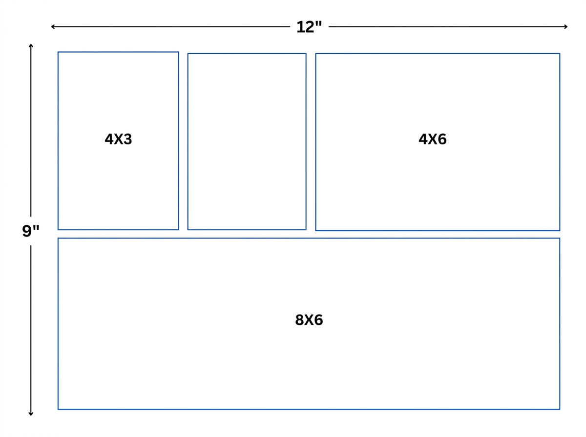 9 by 12 inch postcard size guide showing one spot, two spot, four spot, and full page dimensions